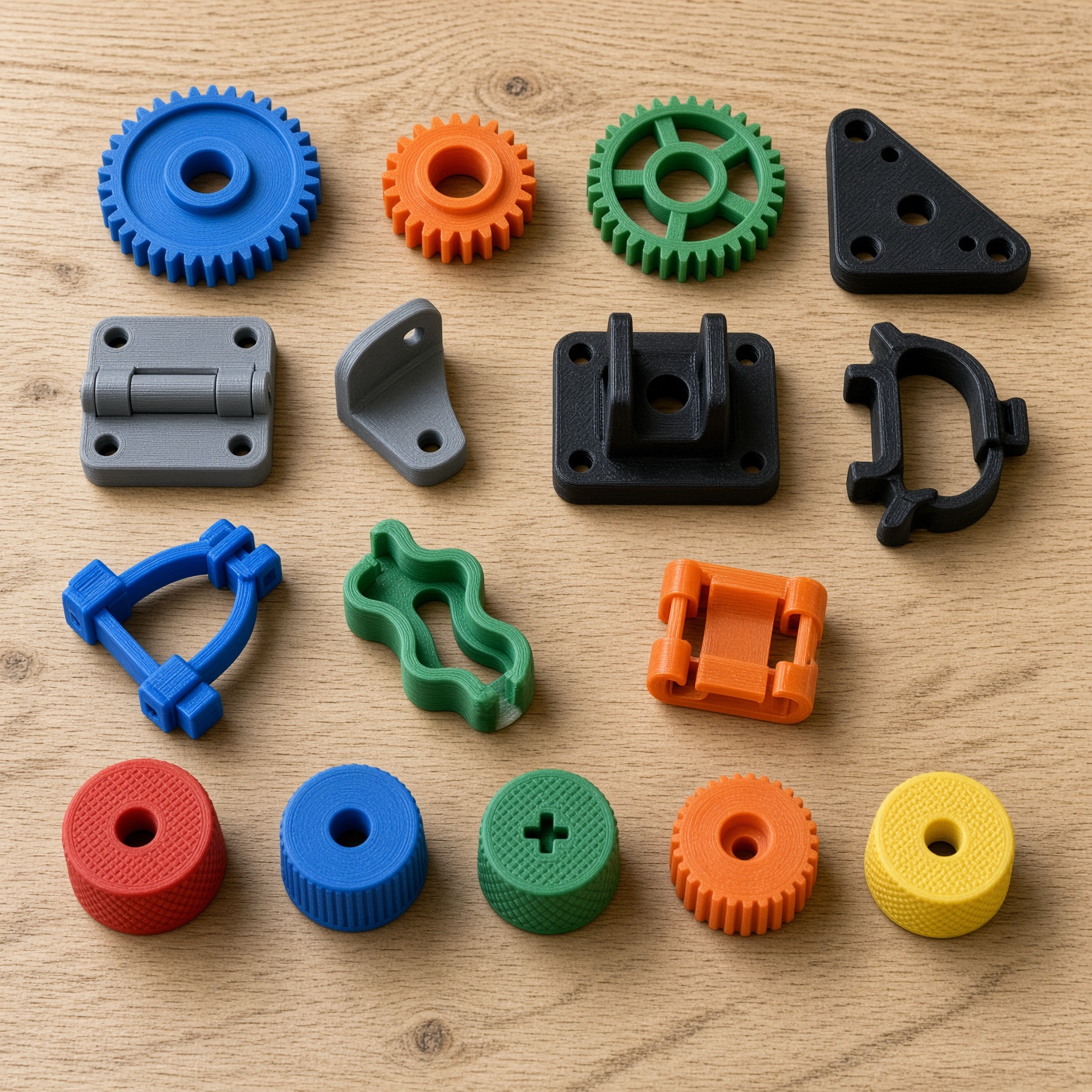 Colorful 3D printed gears, clips, knobs, hinges and brackets on a wood table